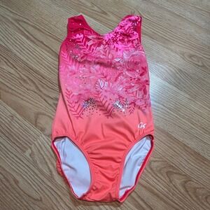 GK Elite Pink Coral Floral Rhinestone Ombre Gymnastics Leotard AS